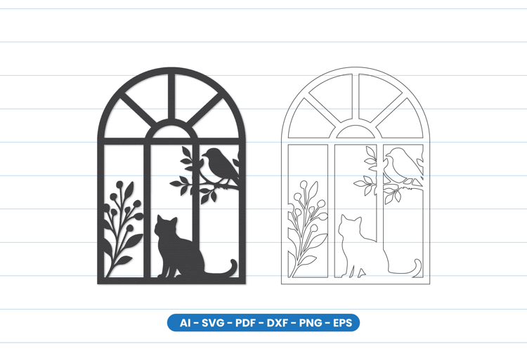 Cat and Bird Window Scene Laser Cut SVG