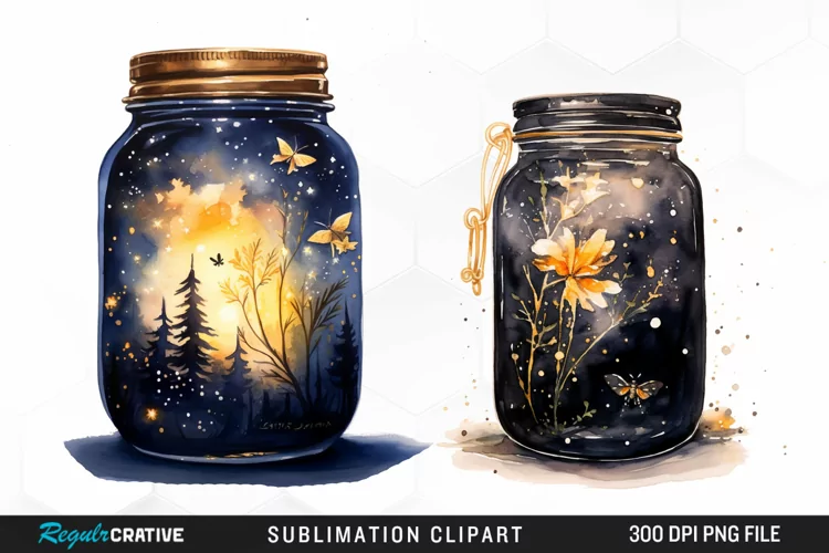 Watercolor Firefly Jar Sublimation PNG Clipart