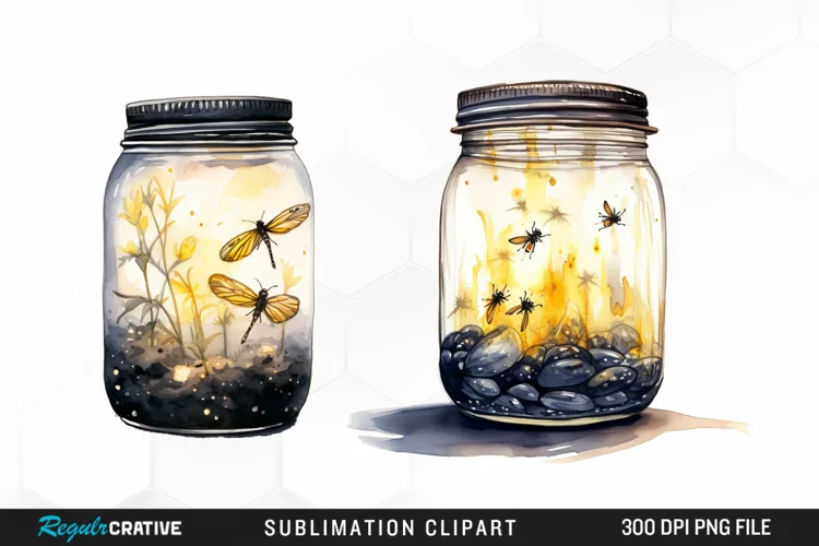 Watercolor Firefly Jar Sublimation PNG Clipart