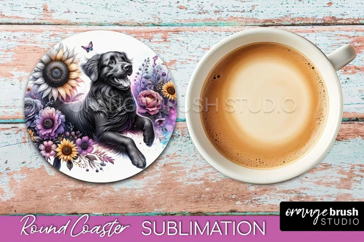 Flat-Coated Retriever Round Coaster Dog Sublimation Floral