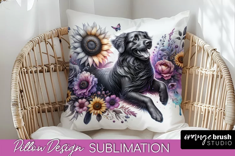 Flat-Coated Retriever Pillow Cover Dog Sublimation Floral