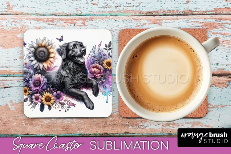 Flat-Coated Retriever Square Coaster Dog Sublimation Floral