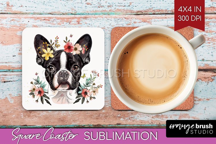 Floral Dog Square Coaster - Flowers Coaster PNG Sublimation example image 1