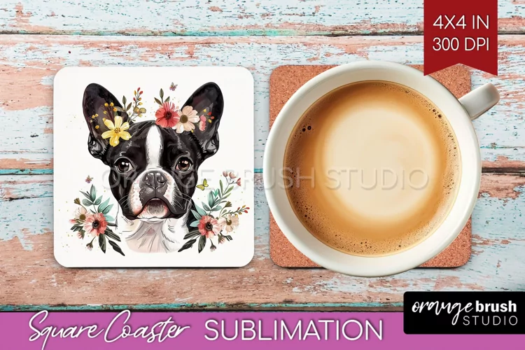 Floral Dog Square Coaster - Flowers Coaster PNG Sublimation