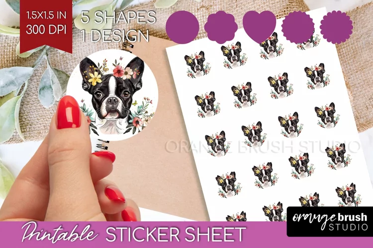 Floral Dog Round Sticker - Flowers Printable Sticker Sheet