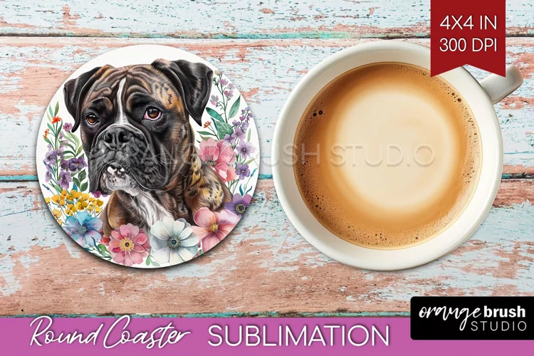 Floral Dog Round Coaster - Flowers Coaster PNG Sublimation