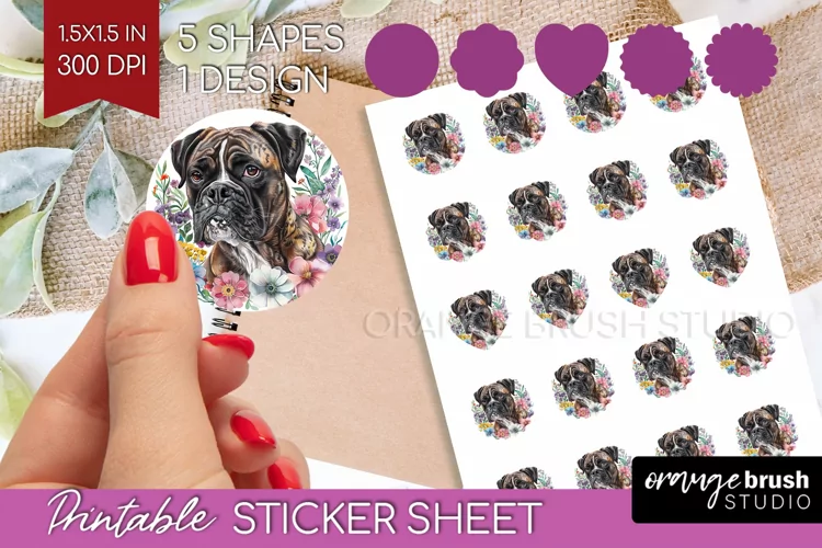 Floral Dog Round Sticker - Flowers Printable Sticker Sheet
