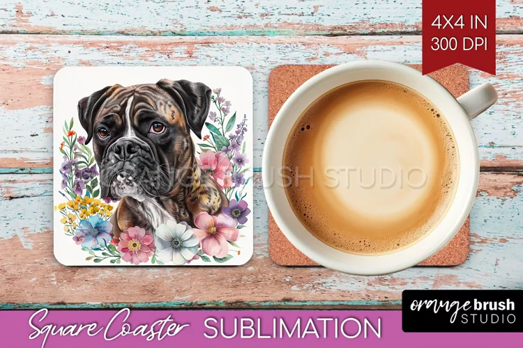Floral Dog Square Coaster - Flowers Coaster PNG Sublimation
