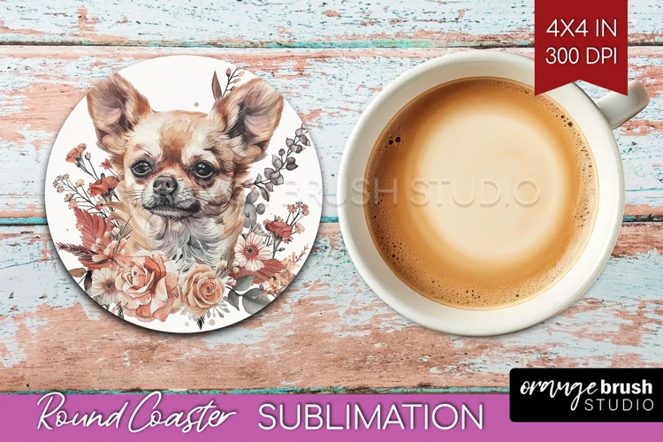 Floral Dog Round Coaster - Flowers Coaster PNG Sublimation