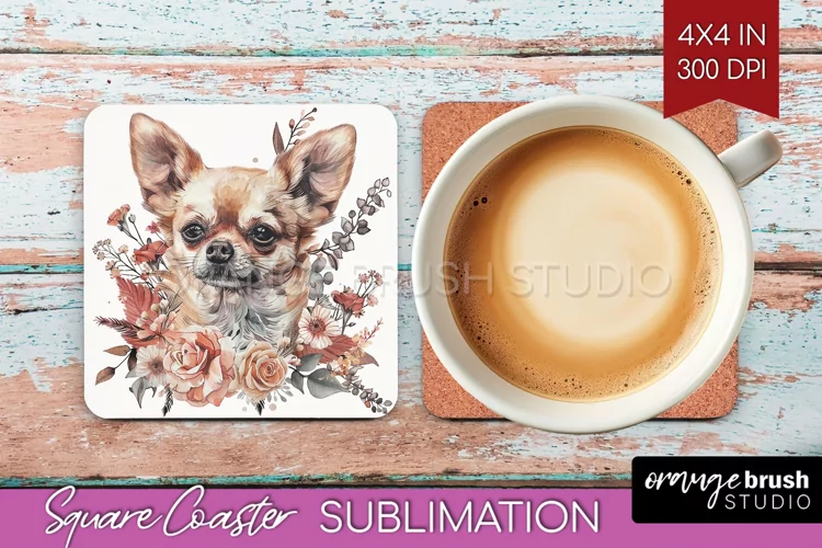 Floral Dog Square Coaster - Flowers Coaster PNG Sublimation