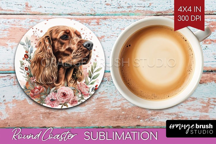 Floral Dog Round Coaster - Flowers Coaster PNG Sublimation example image 1