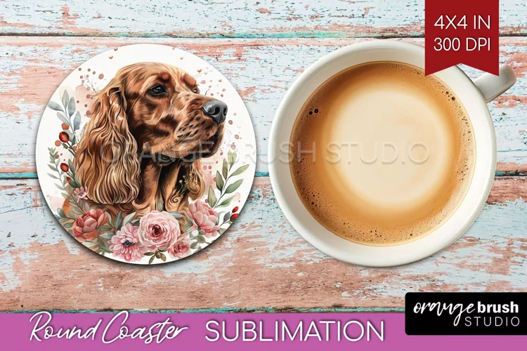 Floral Dog Round Coaster - Flowers Coaster PNG Sublimation
