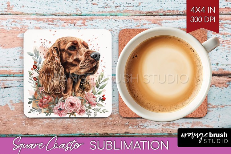 Floral Dog Square Coaster - Flowers Coaster PNG Sublimation example image 1