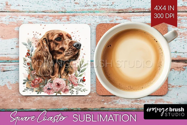 Floral Dog Square Coaster - Flowers Coaster PNG Sublimation