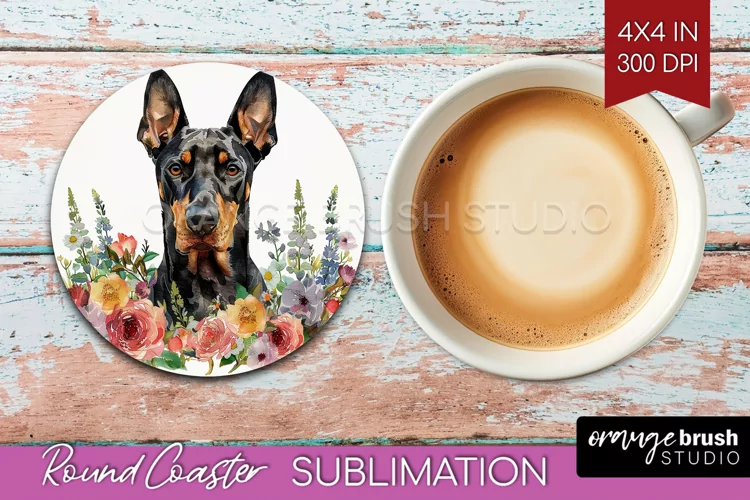 Floral Dog Round Coaster - Flowers Coaster PNG Sublimation