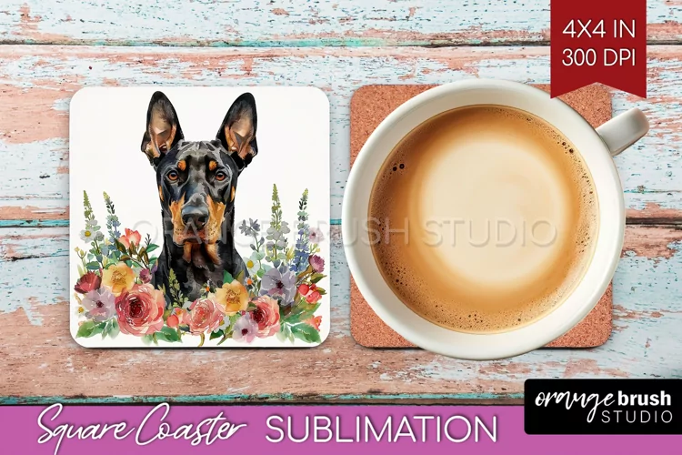 Floral Dog Square Coaster - Flowers Coaster PNG Sublimation