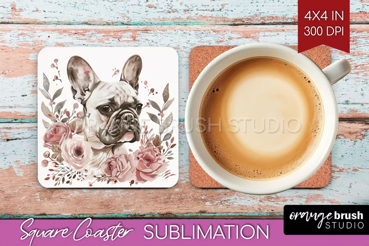 Floral Dog Square Coaster - Flowers Coaster PNG Sublimation