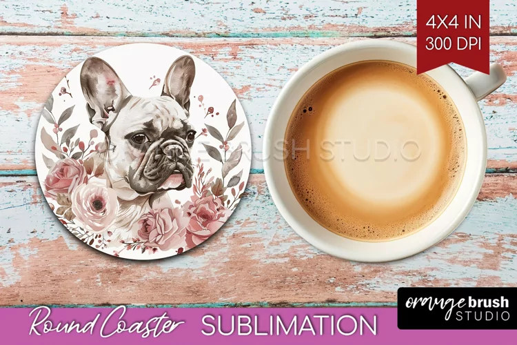Floral Dog Round Coaster - Flowers Coaster PNG Sublimation