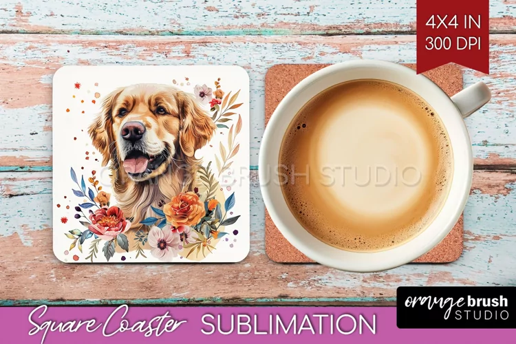 Floral Dog Square Coaster - Flowers Coaster PNG Sublimation