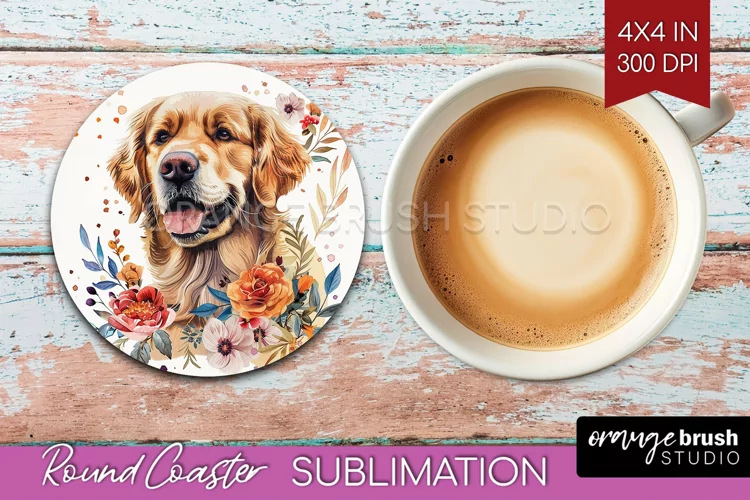 Floral Dog Round Coaster - Flowers Coaster PNG Sublimation