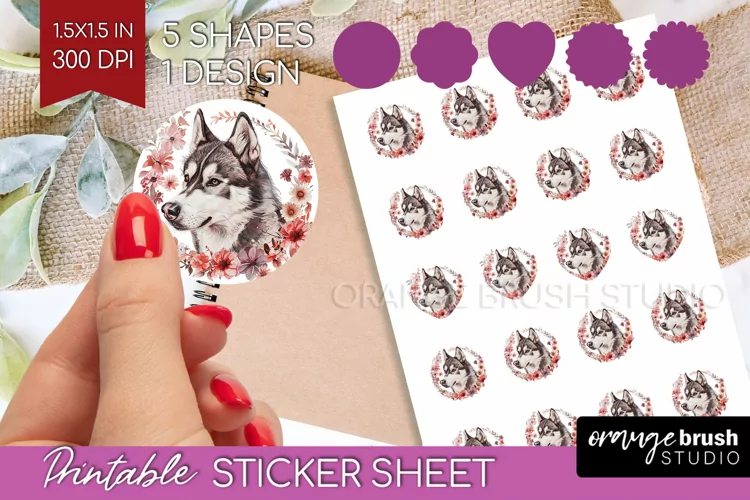 Floral Dog Round Sticker - Flowers Printable Sticker Sheet