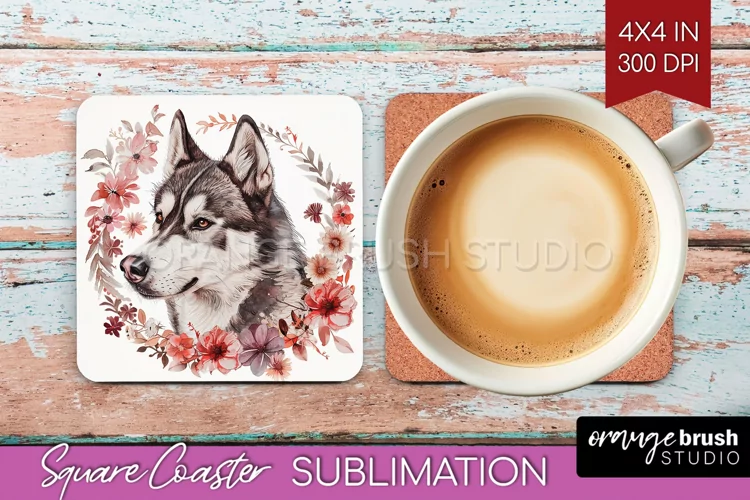 Floral Dog Square Coaster - Flowers Coaster PNG Sublimation