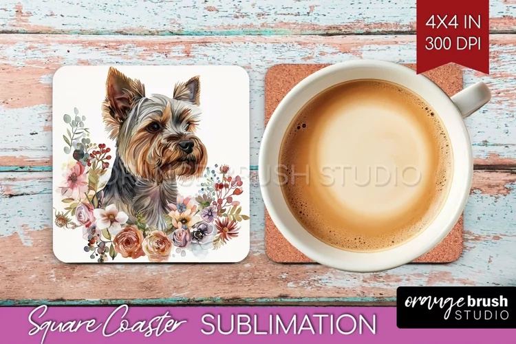Floral Dog Square Coaster - Flowers Coaster PNG Sublimation