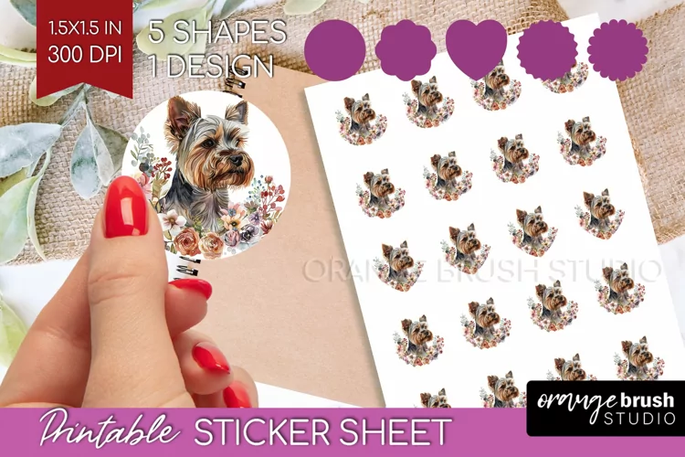 Floral Dog Round Sticker - Flowers Printable Sticker Sheet