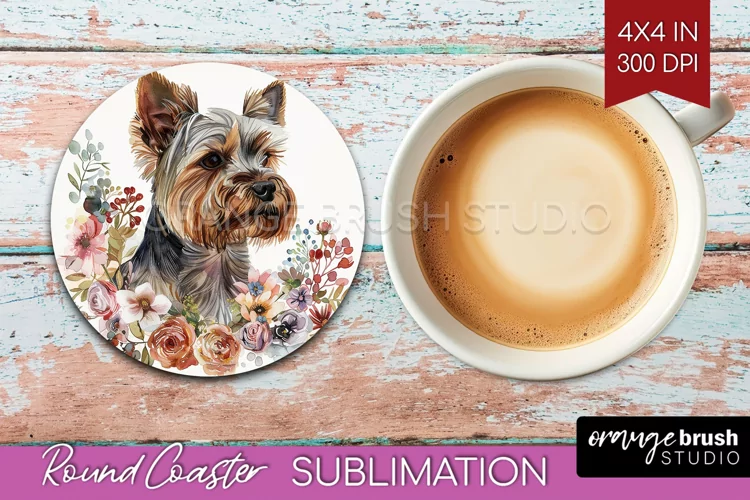 Floral Dog Round Coaster - Flowers Coaster PNG Sublimation
