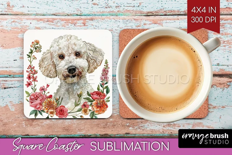 Floral Dog Square Coaster - Flowers Coaster PNG Sublimation