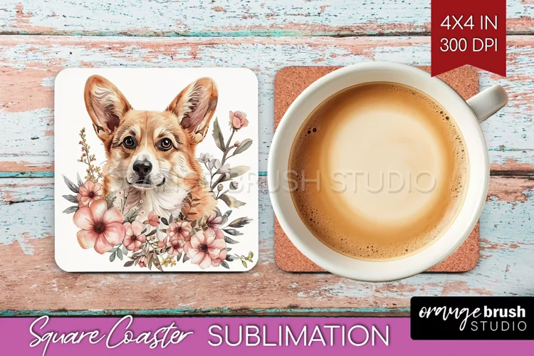 Floral Dog Square Coaster - Flowers Coaster PNG Sublimation