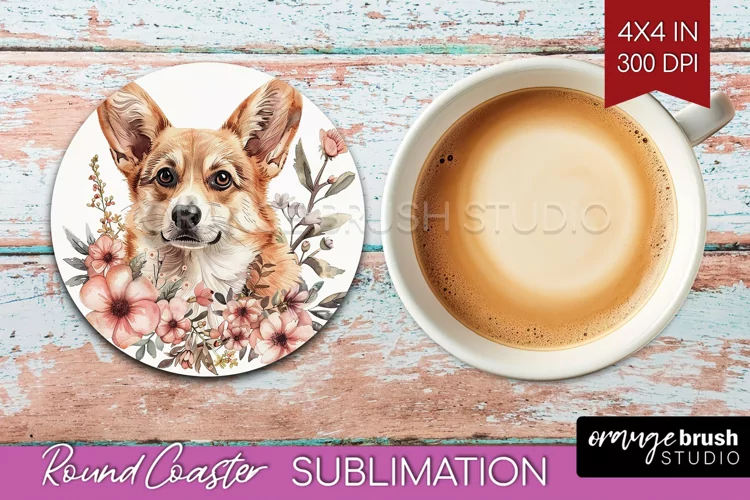 Floral Dog Round Coaster - Flowers Coaster PNG Sublimation