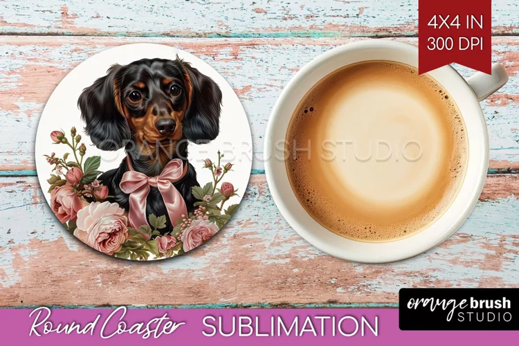 Floral Dog Round Coaster - Flowers Coaster PNG Sublimation