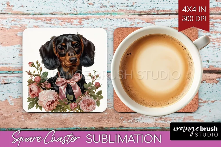 Floral Dog Square Coaster - Flowers Coaster PNG Sublimation