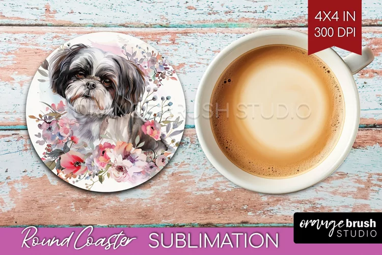 Floral Dog Round Coaster - Flowers Coaster PNG Sublimation