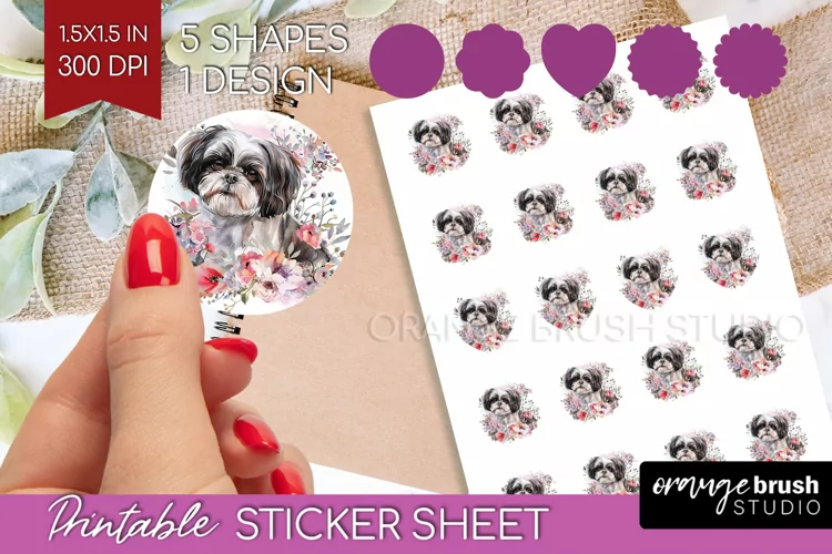 Floral Dog Round Sticker - Flowers Printable Sticker Sheet