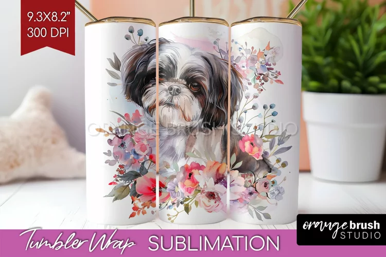 Floral Dog Tumbler Wrap - Flowers Tumbler PNG Sublimation