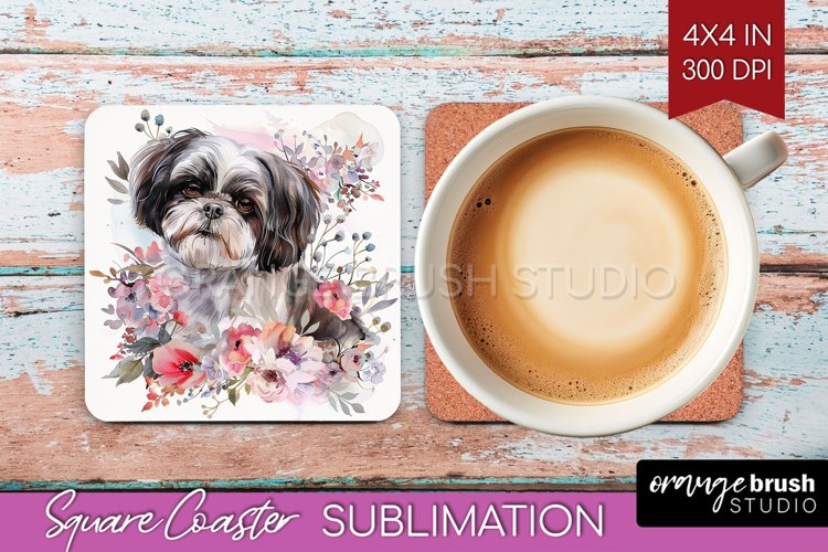 Floral Dog Square Coaster - Flowers Coaster PNG Sublimation