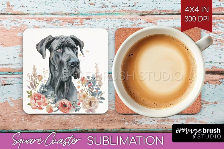 Floral Dog Square Coaster - Flowers Coaster PNG Sublimation