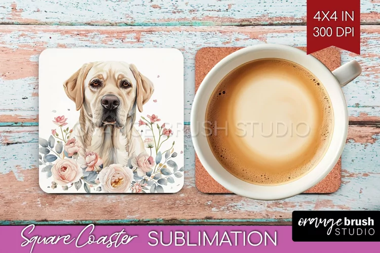 Floral Dog Square Coaster - Flowers Coaster PNG Sublimation