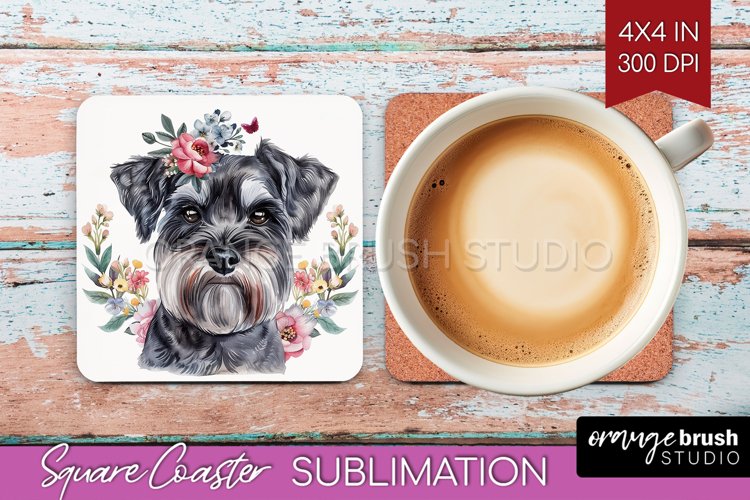 Floral Dog Square Coaster - Flowers Coaster PNG Sublimation example image 1