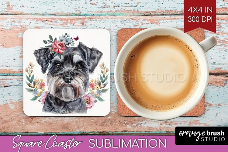 Floral Dog Square Coaster - Flowers Coaster PNG Sublimation