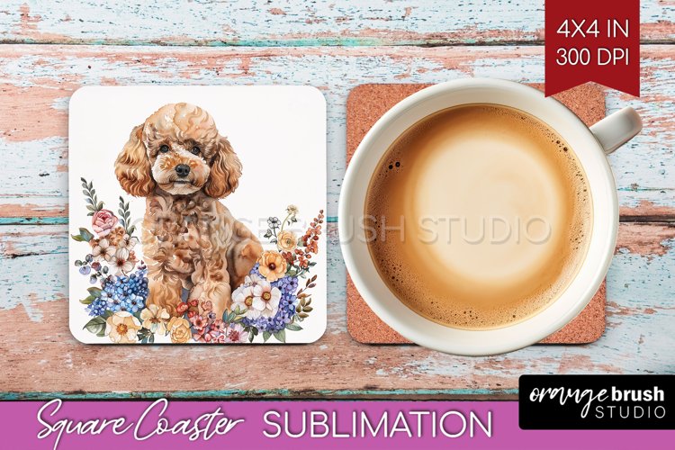 Floral Dog Square Coaster - Flowers Coaster PNG Sublimation example image 1