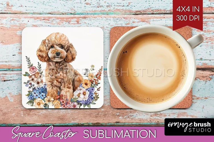 Floral Dog Square Coaster - Flowers Coaster PNG Sublimation