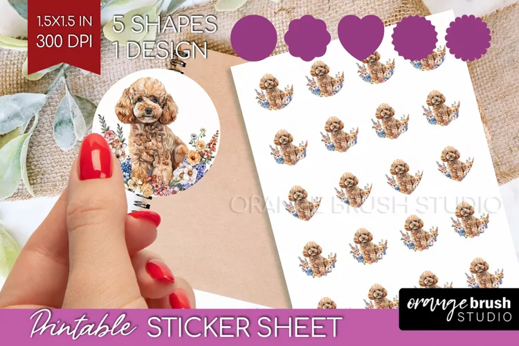 Floral Dog Round Sticker - Flowers Printable Sticker Sheet