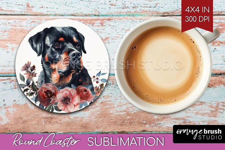 Floral Dog Round Coaster - Flowers Coaster PNG Sublimation