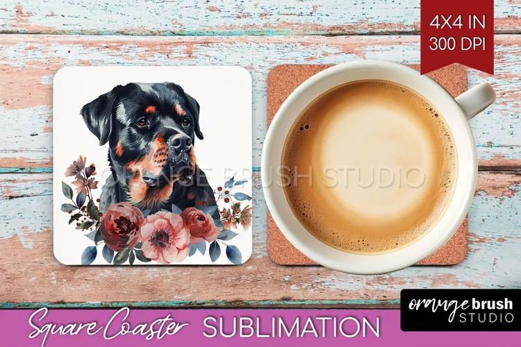 Floral Dog Square Coaster - Flowers Coaster PNG Sublimation