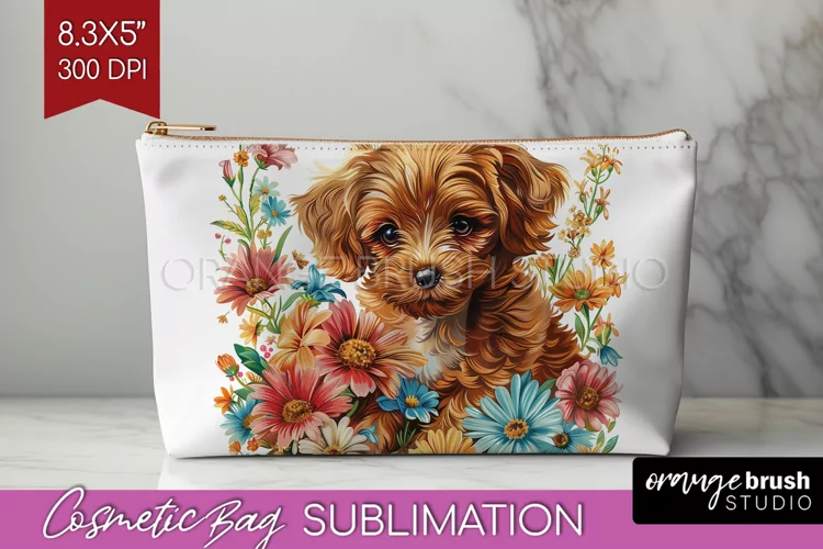 Floral Dog Cosmetic Bag - Flowers Makeup Bag PNG Sublimation