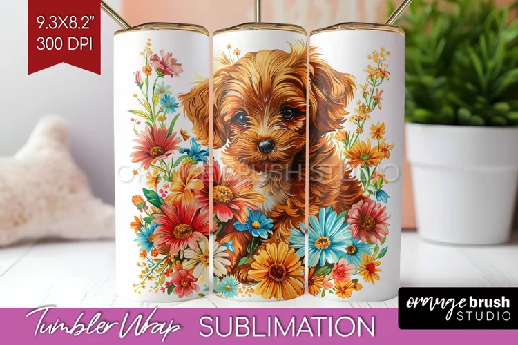 Floral Dog Tumbler Wrap - Flowers Tumbler PNG Sublimation