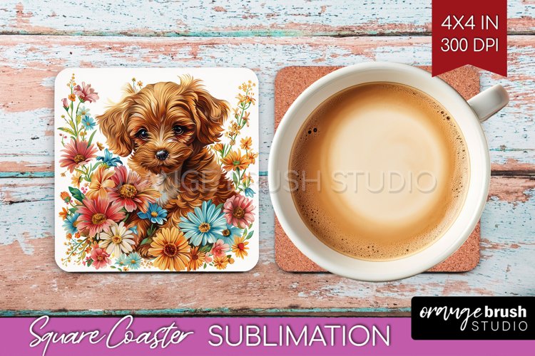Floral Dog Square Coaster - Flowers Coaster PNG Sublimation